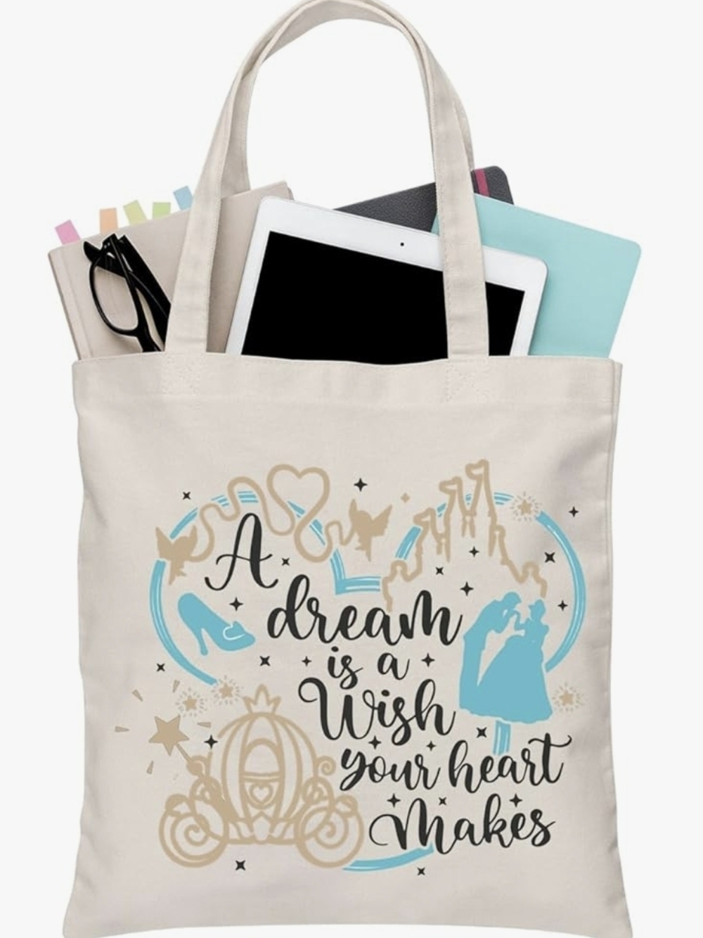Canvas Tote Bag - A Dream Is A Wish Design - Cream/Blue